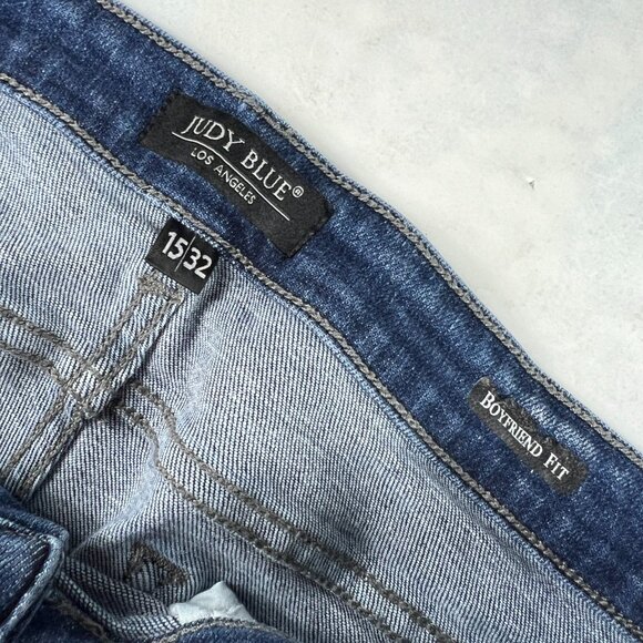 Judy Blue Jean Women Measured 35x30 Boyfriend Blue Faded Distressed Denim Tag 32 - Picture 7 of 16